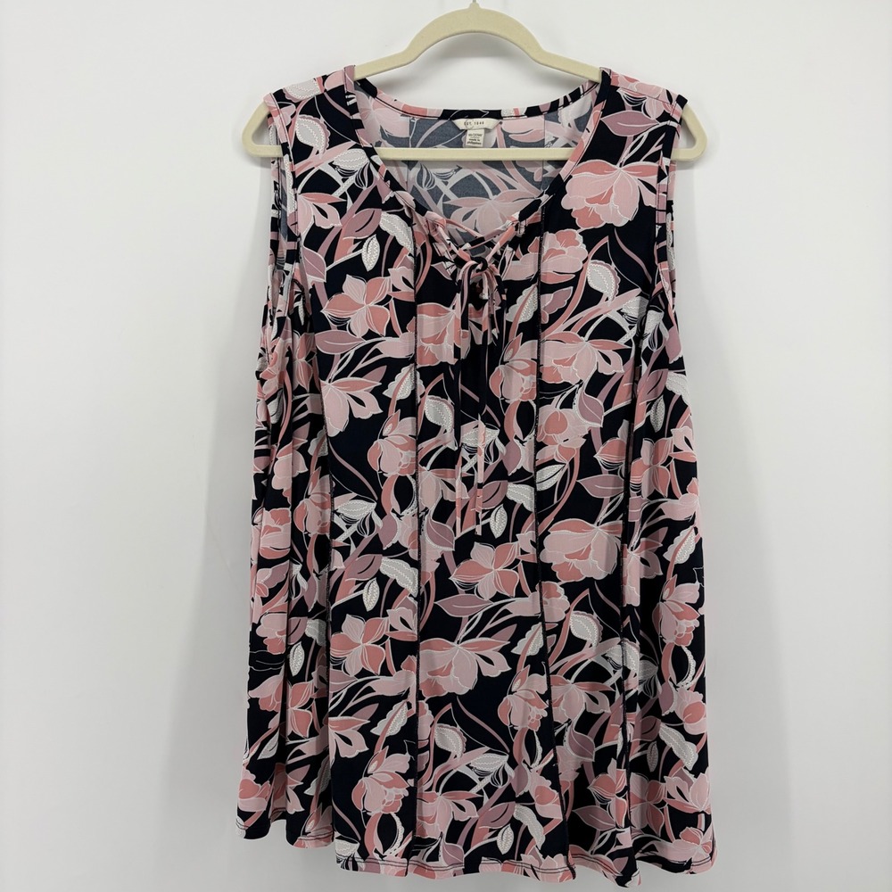 Est. 1946 Womens 18/20W Black Floral Sleeveless Lace Up‎ V-Neck Blouse Top